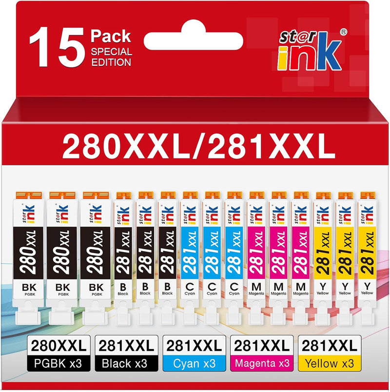 Starink Compatible Canon PGI-280XXL/CLI-281XXL High Yield Ink Cartridges 15 Packs (Black, Cyan, Magenta, Yellow) | 280 Black 600 Pages, 281 Black 6,360 Pages, 281 Color 800 Pages