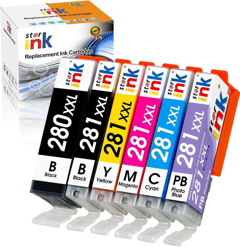 Starink Compatible Canon PGI-280XXL/CLI-281XXL Ink Cartridges 6 Packs (Black, Cyan, Magenta, Yellow) | 280 Black 600 Pages, 281 Black 6,360 Pages, 281 Color 800 Pages