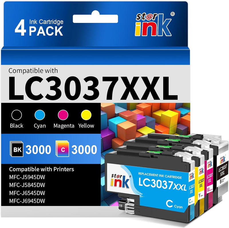 Starink Compatible Brother LC3037XXL Ink Cartridges 4 Packs (Black, Cyan, Magenta, Yellow) | Black 3,000 Pages Color 1,500 Pages