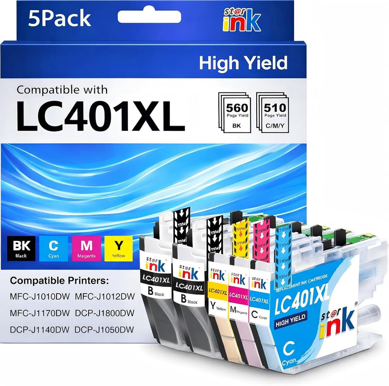 Starink Compatible Brother LC401XL Ink Cartridges 5 Packs (Black, Cyan, Magenta, Yellow) | 500 Pages