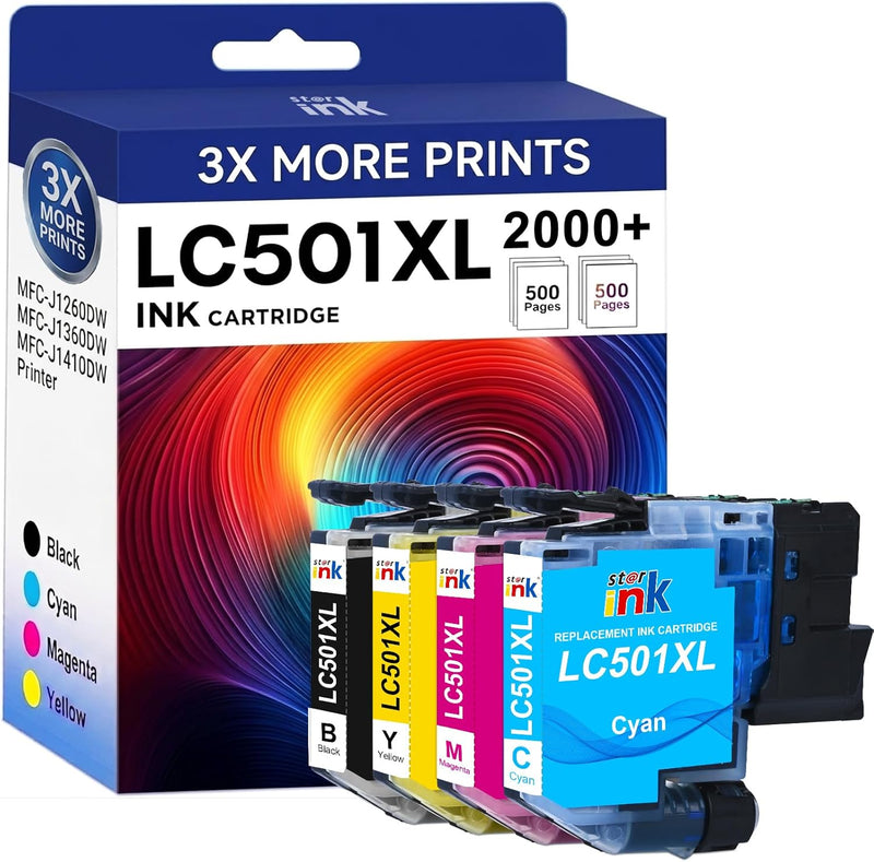 Starink Compatible Brother LC501XL Ink Cartridges 4 Packs (Black, Cyan, Magenta, Yellow) | 500 Pages