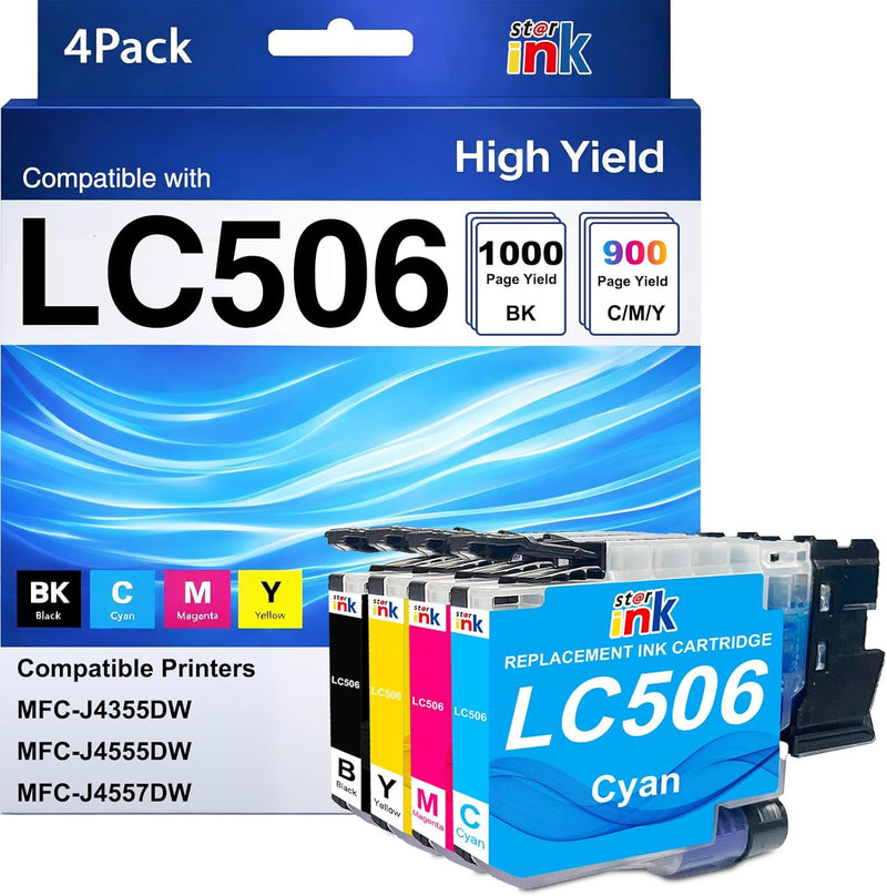 Starink Compatible Brother LC506 Ink Cartridges 4 Packs (Black, Cyan, Magenta, Yellow) | Black 1,000 Pages Color 900 Pages