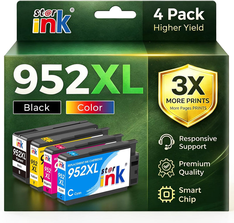 Starink Compatible Remanufactured HP 952XL Ink Cartridges 4 Packs (Black, Cyan, Magenta, Yellow) | Black 2,000 Page Color 1,600 Page