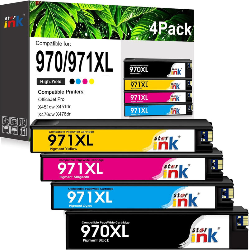 Starink Compatible HP 970XL Ink Cartridges 4 Packs (Black, Cyan, Magenta, Yellow) | Black 2,500 Pages Color 1,650 Pages