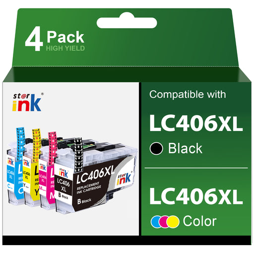 LC406XL/LC406 Ink Cartridges for Brother (4-Pack BK/C/M/Y)