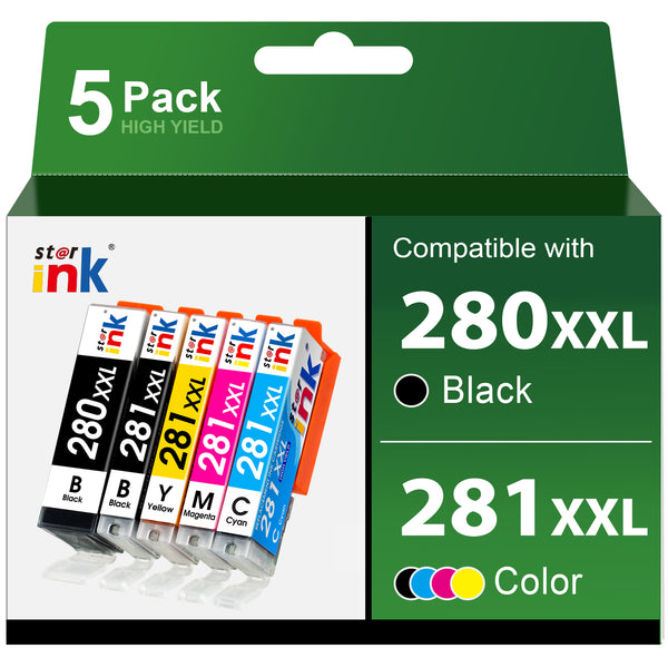 Starink Compatible Canon 280XXL 281XXL Ink Cartridges 5 Packs (Black, Cyan, Magenta, Yellow) | 280 Black 600 Pages, 281 Black 6,360 Pages, 281 Color 800 Pages