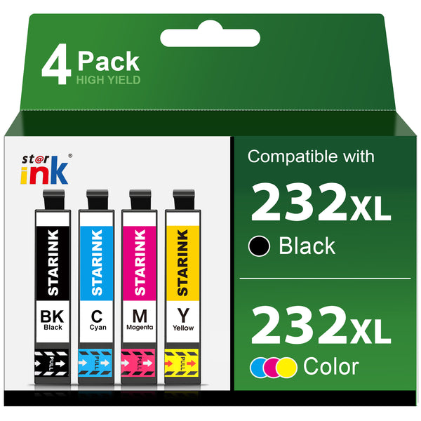 Starink Remanufactured Epson 232XL Ink Cartridges 4 Packs (Black, Cyan, Magenta, Yellow) | Black 550, Color 350 pages