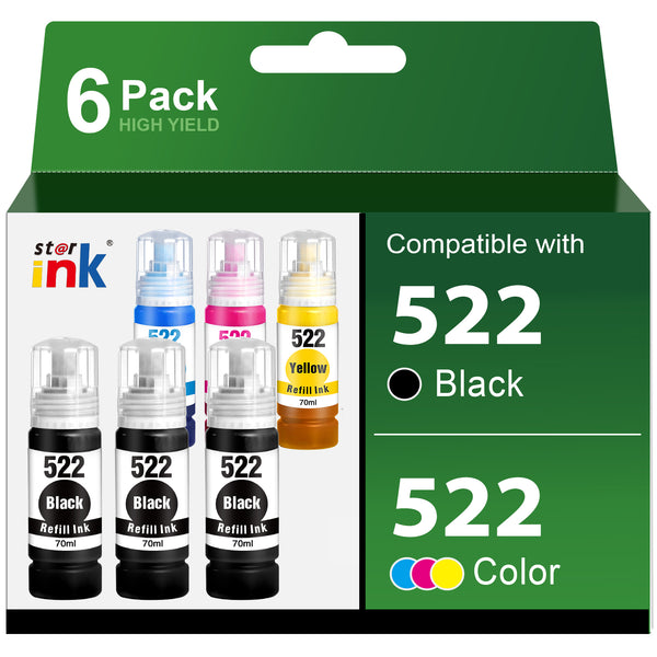 Starink Compatible Epson 522 Ink Refill Bottles 6 Packs (Black, Cyan, Magenta, Yellow) | Black 140ml Color 70ml